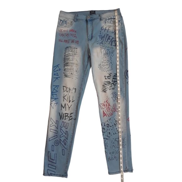 Blue Topic Womens Girls Teen Denim Graphic Stretch Blue Jeans Size 15/16 - Picture 5 of 6